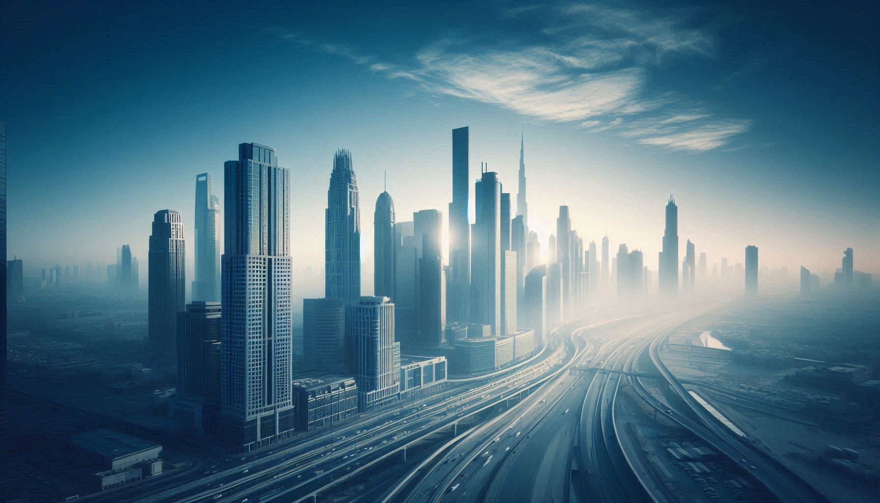 A modern skyline with a hazy blue sky